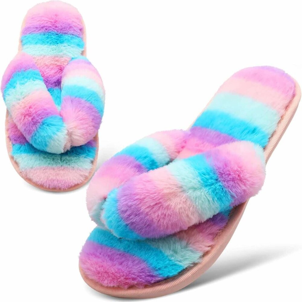 Women's Brand New Furry & Colorful Striped Thong Slippers with Hard Soles SIZE M